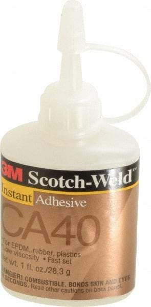 3M - 1 oz Bottle Yellow Instant Adhesive - Series CA40, 3 to 20 sec Fixture Time, 24 hr Full Cure Time, Bonds to Cardboard, Cork Board, Fabric, Fiberglass, Foam, Metal, Plastic, Rubber & Vinyl - Makers Industrial Supply