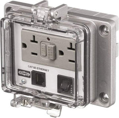 Hubbell Wiring Device-Kellems - 1 Port, 3 Power Receptacle, Ethernet, Clear Data Port Receptacle - 4.79 Inch Long x 1.61 Inch Deep x 5.08 Inch Wide, Aluminum, Surface Mount, Gray - Makers Industrial Supply