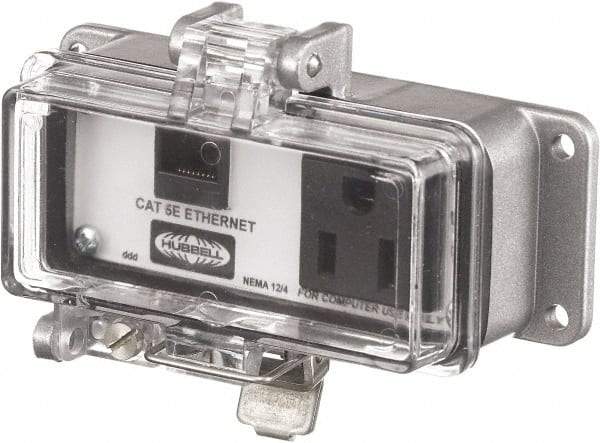 Hubbell Wiring Device-Kellems - 1 Port, 1 Power Receptacle, Ethernet, Clear Data Port Receptacle - 3.2 Inch Long x 1.6 Inch Deep x 4.45 Inch Wide, Aluminum, Surface Mount, Gray - Makers Industrial Supply