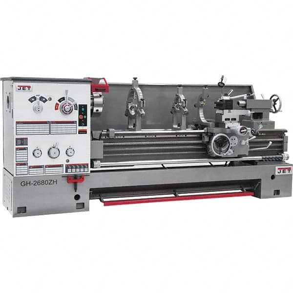 Jet - 26" Swing, 80" Between Centers, 230 Volt, Triple Phase Engine Lathe - 6MT Taper, 10 hp, 40 to 1,800 RPM, 4-1/8" Bore Diam, 43" Deep x 57" High x 138" Long - Makers Industrial Supply