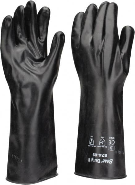 SHOWA - Size L (9), 14" Long, 14 mil Thick, Butyl Chemical Resistant Gloves - Smooth Finish, Rolled Cuff, ANSI Abrasion Level 0, ANSI Cut Level 0, ANSI Puncture Level 0, Black - Makers Industrial Supply