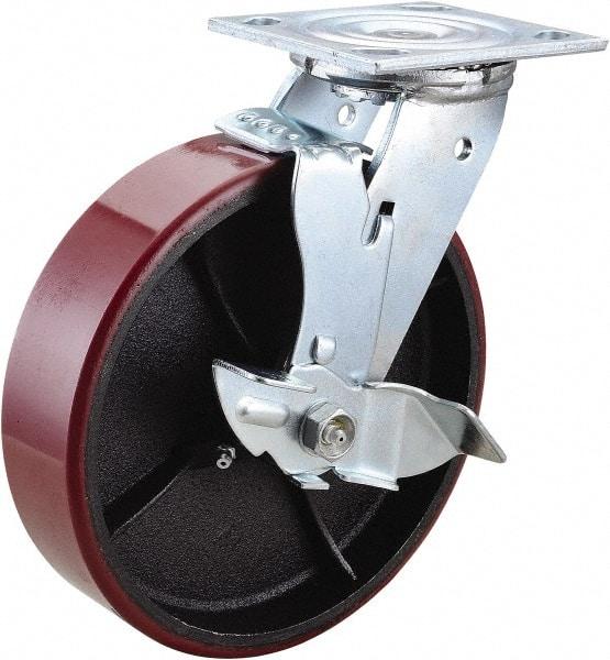 Value Collection - 8" Diam x 2" Wide x 9-1/2" OAH Top Plate Mount Swivel Caster with Brake - Polyurethane, 1,200 Lb Capacity, Roller Bearing, 4 x 4-1/2" Plate - Makers Industrial Supply