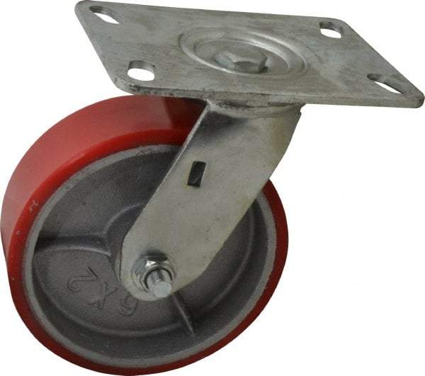 Fairbanks - 6" Diam x 2" Wide x 7-1/2" OAH Top Plate Mount Swivel Caster - Polyurethane, 1,000 Lb Capacity, Roller Bearing, 4-1/2 x 6-1/4" Plate - Makers Industrial Supply