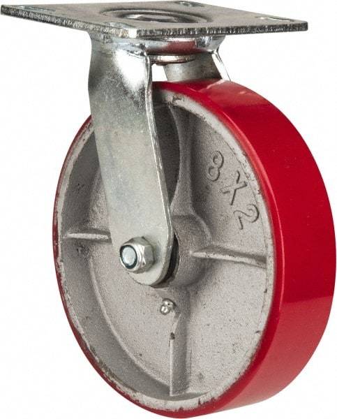 Fairbanks - 8" Diam x 2" Wide x 9-1/4" OAH Top Plate Mount Swivel Caster - Polyurethane, 1,200 Lb Capacity, Roller Bearing, 4-1/2 x 6-1/4" Plate - Makers Industrial Supply