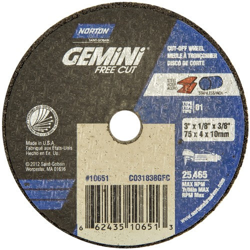 3 × 1/8 × 3/8″ Gemini Free Cut Small Diameter Cut-Off Wheel <=3″ A 36 T Type 01/41 - Makers Industrial Supply