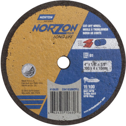 4″ × 1/8″ × 3/8″ NorZon Plus Small Diameter Cut-Off Wheel Type 01 Straight Aluminum Oxide - Makers Industrial Supply