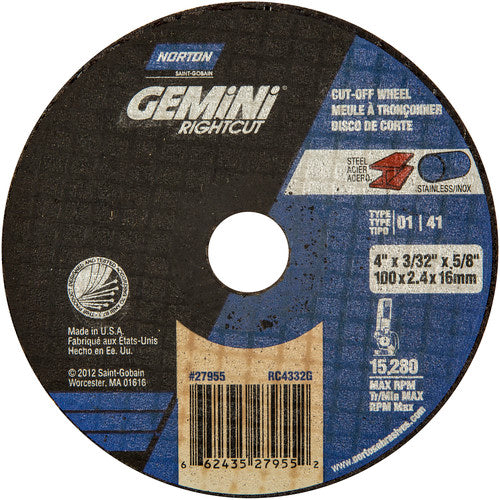 4″ × 0.090″ × 5/8″ Gemini Right Angle Cut-Off Wheel Type 01 Straight 46 Grit - Makers Industrial Supply