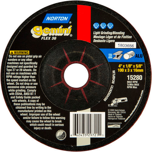 4″ × 1/8″ × 5/8″ Gemini Non-Woven Depressed Center Wheel Type 27 36 Grit Aluminum Oxide - Exact Industrial Supply