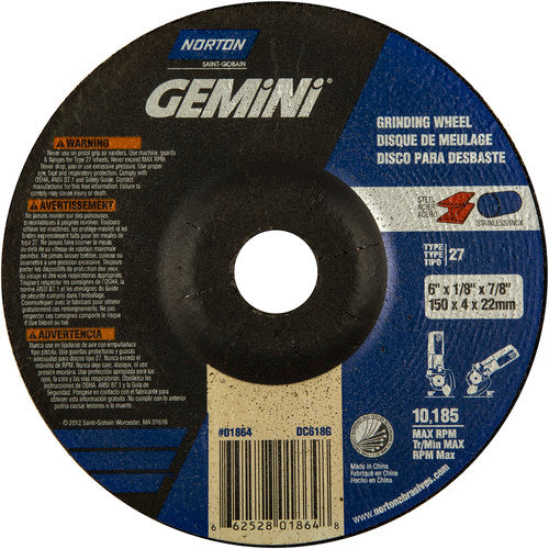 6 × 1/8 × 7/8″ Gemini Long Life Grinding Wheel A 24 T Type 27 - Makers Industrial Supply