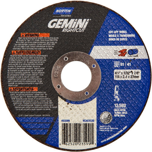 ‎4-1 /2″ × 0.090″ × 7/8″ Gemini Right Angle Cut-Off Wheel Type 01 Straight Aluminum Oxide - Makers Industrial Supply