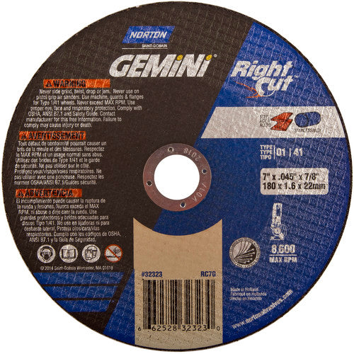 7″ × 0.060″ × 7/8″ Gemini Right Angle Cut-Off Wheel Type 01 Straight Aluminum Oxide - Makers Industrial Supply