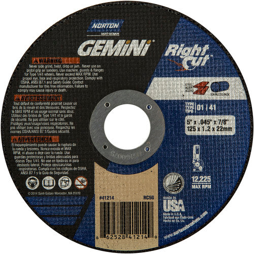 5″ × 0.045″ × 7/8″ Gemini Right Angle Cut-Off Wheel Type 01 Straight Aluminum Oxide - Makers Industrial Supply