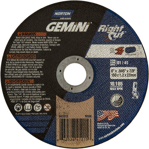 6 x .045 × 7/8″ Gemini RightCut Right Angle Cut-Off Wheel A 36 Q B Type 01/41 - Makers Industrial Supply