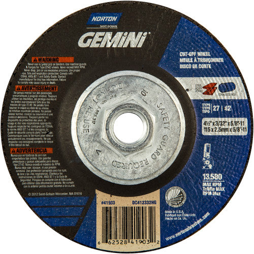 ‎4-1/2 × 3/32 × 5/8 - 11″ Gemini Cutting Wheel A 30 Q BDA Type 27/42 - Makers Industrial Supply