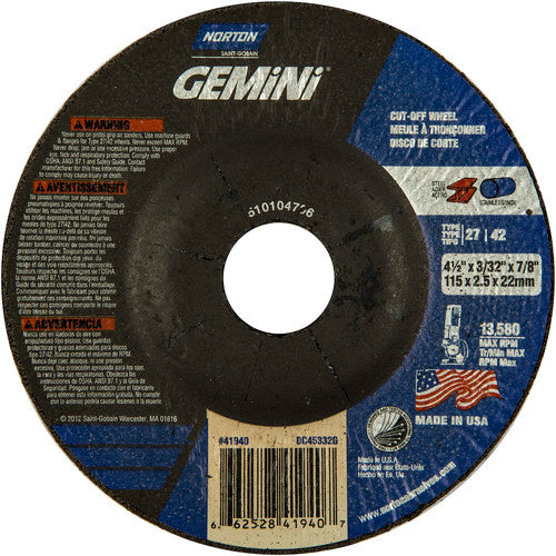 ‎4-1/2 × 3/32 × 7/8″ Gemini Cutting Wheel A 30 R BDA3 Type 27/42 - Makers Industrial Supply