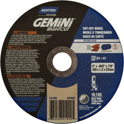 6″ × 0.045″ × 7/8″ Right Angle Cut-Off Wheel Gemini RightCut SS 36 Grit - Makers Industrial Supply