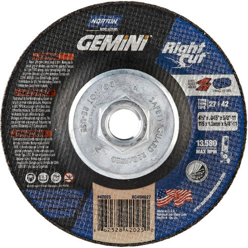 ‎4-1/2 x .045 × 5/8 - 11″ Gemini RightCut Cutting Wheel A 24 T BDA3 Type 27/42 - Makers Industrial Supply