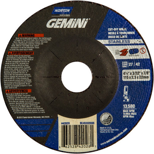 ‎4-1/2 × 3/32 × 7/8″ Gemini INOX/SS Cutting Wheel A 30 R BDA3 Type 27/42 - Makers Industrial Supply