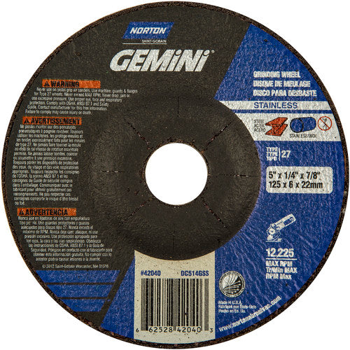 5 × 1/4 × 7/8″ Gemini INOX/SS Grinding Wheel A 24 Q BDA Type 27 - Makers Industrial Supply