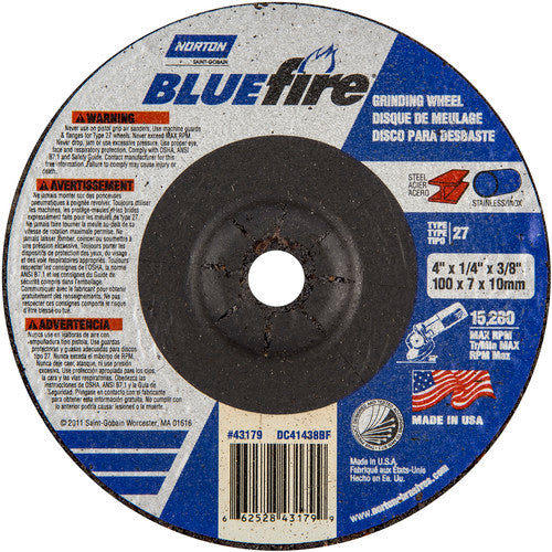 4″ × 1/4″ × 3/8″ BlueFire Non-Woven Depressed Center Wheel Type 27 Zirconia Alumina / Aluminum Oxide - Makers Industrial Supply