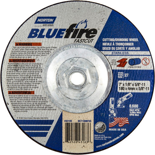 7″ × 1/8″ × 5/8″ BlueFire Non-Woven Depressed Center Wheel Type 27 Zirconia Alumina / Aluminum Oxide - Makers Industrial Supply