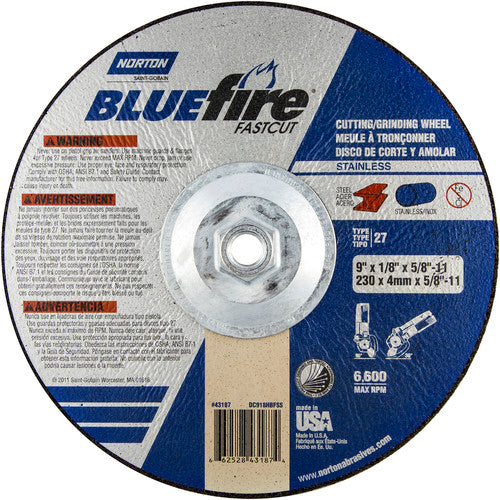 9″ × 1/8″ × 5/8″ BlueFire Non-Woven Depressed Center Wheel Type 27 Zirconia Alumina / Aluminum Oxide - Makers Industrial Supply