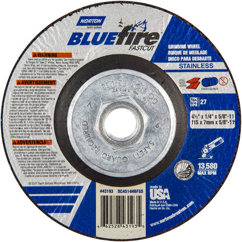 ‎4-1/2″ × 1/4″ × 5/8″ BlueFire Non-Woven Depressed Center Wheel Type 27 - Makers Industrial Supply