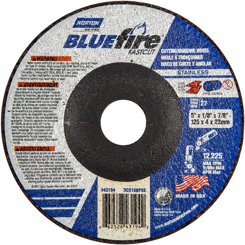 5″ × 1/8″ × 7/8″ BlueFire Non-Woven Depressed Center Wheel Type 27 Zirconia Alumina / Aluminum Oxide - Makers Industrial Supply