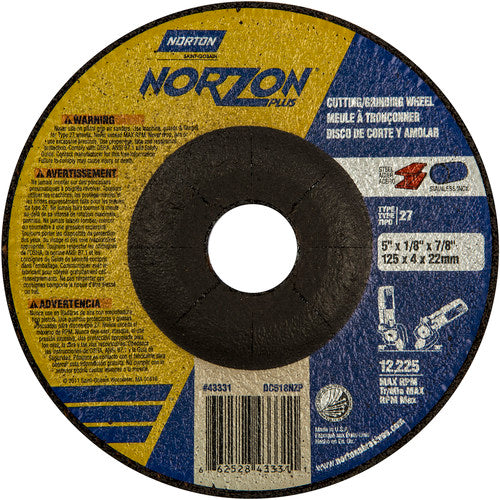 5″ × 1/8″ × 7/8″ NorZon Plus Non-Woven Depressed Center Wheel Type 27 Ceramic Alumina / Zirconia Alumina - Makers Industrial Supply