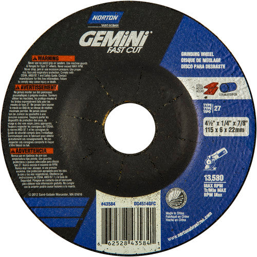 ‎4-1/2 × 1/4 × 7/8″ Gemini Fast Cut Grinding Wheel A 24 N BDA Type 27 - Makers Industrial Supply