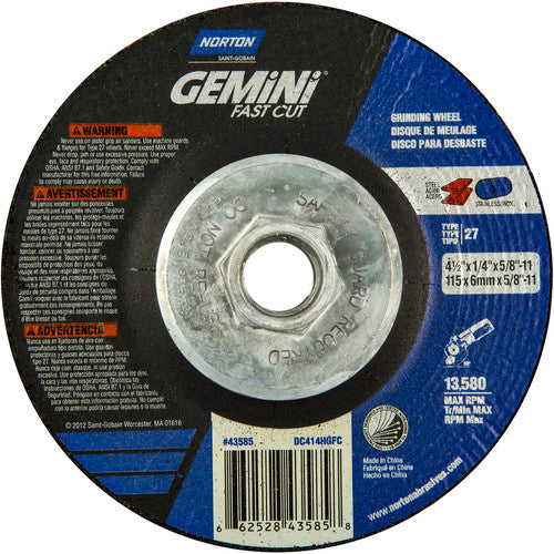 ‎4-1/2 × 1/4 × 5/8 - 11″ Gemini Fast Cut Grinding Wheel A 24 N BDA Type 27 - Makers Industrial Supply