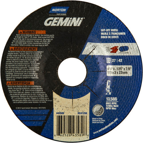 ‎4-1/2 x .125 × 7/8″ Gemini Cutting Wheel A 24 T BDA3 Type 27/42 - Makers Industrial Supply