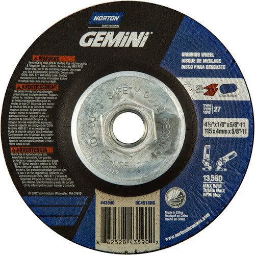 ‎4-1/2 × 1/8 × 5/8 - 11″ Gemini Long Life Grinding Wheel A 24 Q BDA Type 27 - Makers Industrial Supply