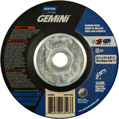 ‎4-1/2 × 1/4 × 5/8 - 11″ Gemini Grinding Wheel A 24 S BDA Type 27 - Makers Industrial Supply