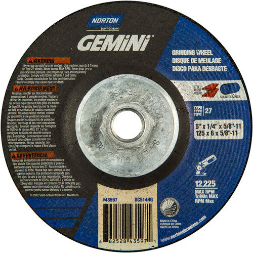 ‎5 × 1/4 × 5/8 - 11″ Gemini Grinding Wheel A 24 S BDA Type 27 - Makers Industrial Supply