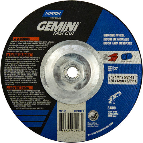 ‎7 × 1/4 × 5/8 - 11″ Gemini Fast Cut Grinding Wheel A 24 N Type 27 - Makers Industrial Supply