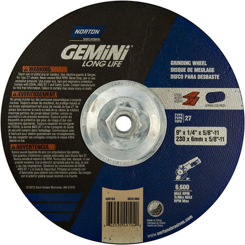 ‎9 × 1/4 × 5/8 - 11″ Gemini Long Life Grinding Wheel A 24 R Type 27 - Makers Industrial Supply