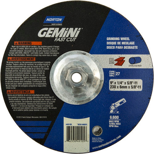 ‎9 × 1/4 × 5/8 - 11″ Gemini Fast Cut Grinding Wheel A 24 N Type 27 - Makers Industrial Supply