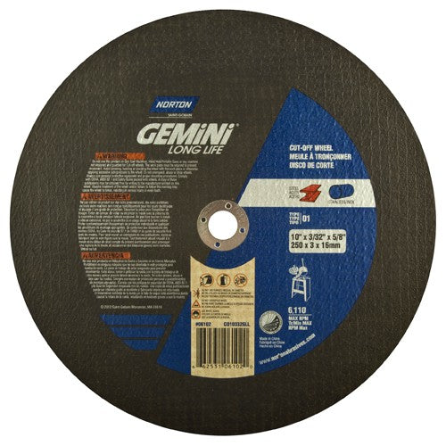 10″ × 0.09375″ × 5/8″ Gemini Stationary Saw Cut-Off Wheel Aluminum Oxide - Makers Industrial Supply