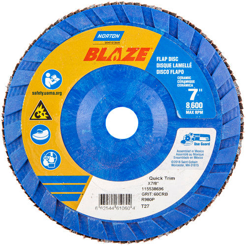 7 × 7/8″ Blaze Plastic Flat Flap Disc Type 27 60 Grit R980P Premium Ceramic Alumina - Makers Industrial Supply