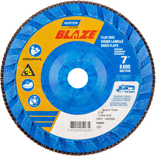 7 × 7/8″ Blaze Plastic Flat Flap Disc Type 27 120 Grit R980P Premium Ceramic Alumina - Makers Industrial Supply