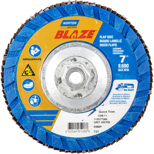 ‎7 × 5/8 - 11″ Blaze Plastic Flat Flap Disc Type 27 40 Grit R980P Premium Ceramic Alumina - Makers Industrial Supply