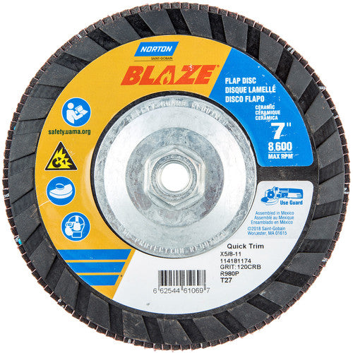 ‎7 × 5/8 - 11″ Blaze Plastic Flat Flap Disc Type 27 120 Grit R980P Premium Ceramic Alumina - Makers Industrial Supply