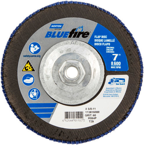 ‎7 × 5/8 - 11″ BlueFire Fiberglass Conical Flap Disc Type 29 P60 Grit R884P Zirconia Alumina - Makers Industrial Supply