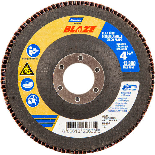 ‎4-1/2 × 7/8″ Blaze Fiberglass HD Flat Flap Disc Type 27 60 Grit R980P Premium Ceramic Alumina - Makers Industrial Supply