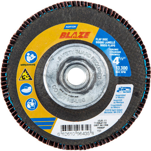 ‎4-1/2 × 5/8 - 11″ Blaze Fiberglass HD Flat Flap Disc Type 27 60 Grit R980P Premium Ceramic Alumina - Makers Industrial Supply