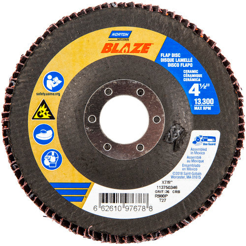 ‎4-1/2 × 7/8″ Blaze Fiberglass HD Flat Flap Disc Type 27 36 Grit R980P Premium Ceramic Alumina - Makers Industrial Supply