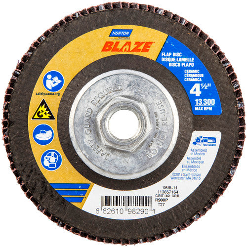 ‎4-1/2 × 5/8 - 11″ Blaze Fiberglass HD Flat Flap Disc Type 27 40 Grit R980P Premium Ceramic Alumina - Makers Industrial Supply