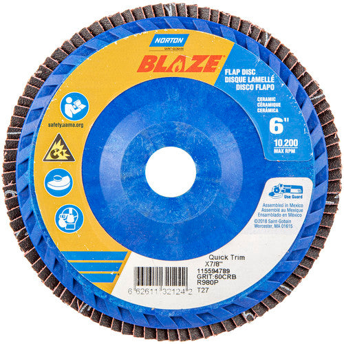 6 × 7/8″ Blaze Plastic Flat Flap Disc Type 27 60 Grit R980P Premium Ceramic Alumina - Makers Industrial Supply