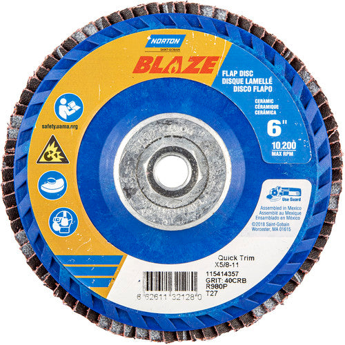 ‎6 × 5/8 - 11″ Blaze Plastic Flat Flap Disc Type 27 40 Grit R980P Premium Ceramic Alumina - Makers Industrial Supply